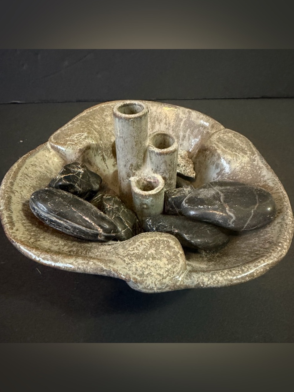 Studio Pottery Ceramic Ikebana Frog Vase Flower Dish Rustic Tan Artist Signed